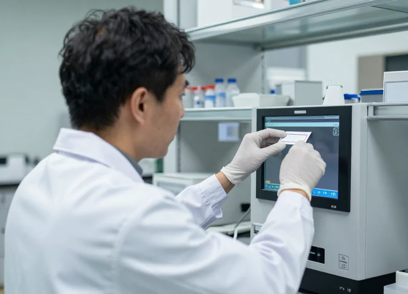 A lab technician in a cleanroom environment updating an electronic shelf label on a sterile storage unit.