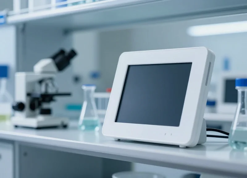 A sleek electronic shelf label mounted in a high-tech sterile laboratory with cool blue clinical lighting and blurred scientific equipment in the background.