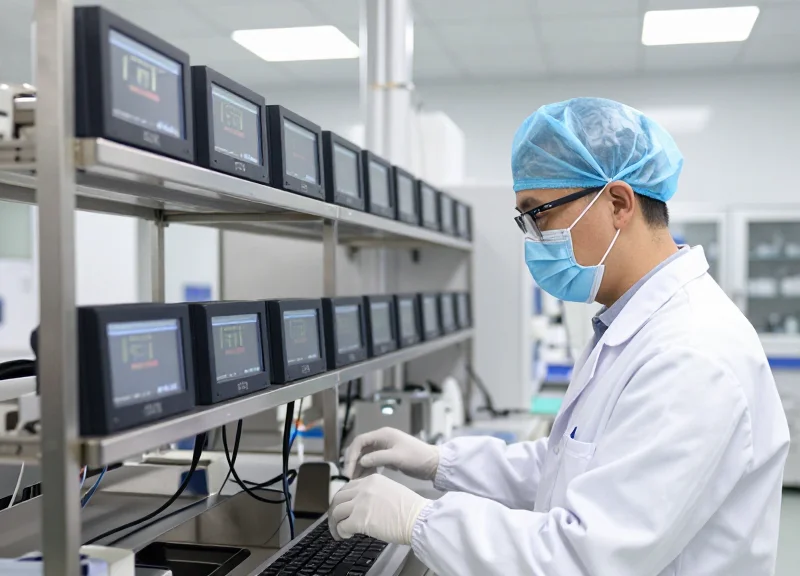 A scientist in a lab suit monitoring digital labels in a vaccine production facility.