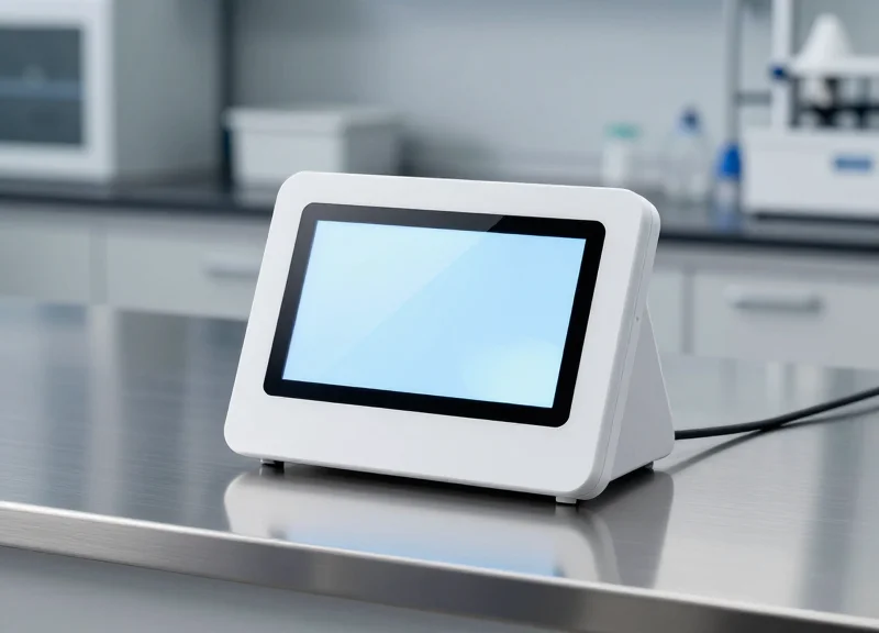 A sleek electronic shelf label device with a smooth antimicrobial surface, displayed on a sterile metallic surface with professional laboratory lighting.