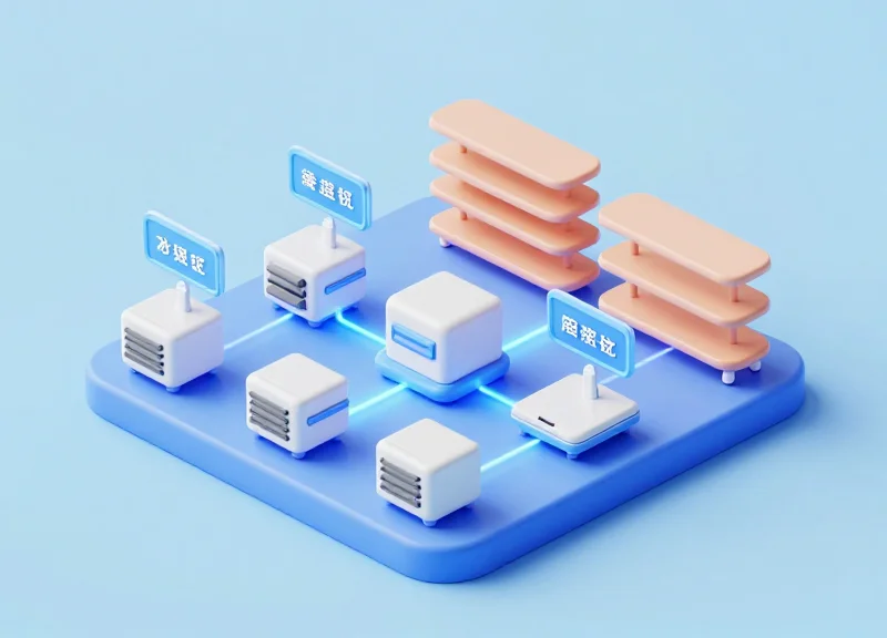 Isometric 3D model of a hospital IoT network connecting digital labels to servers.