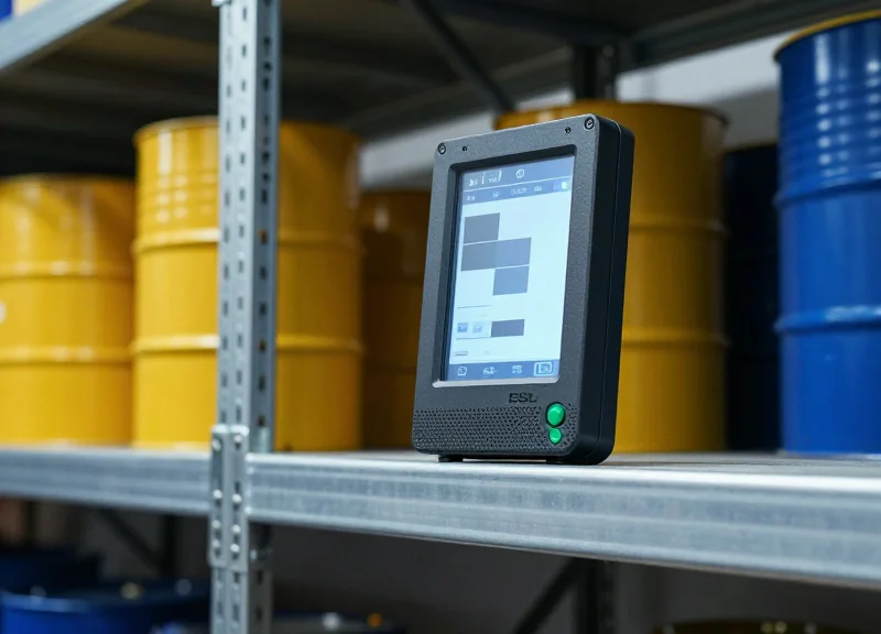 A close-up of a rugged electronic shelf label mounted in an industrial warehouse setting with chemical storage containers in the blurred background.