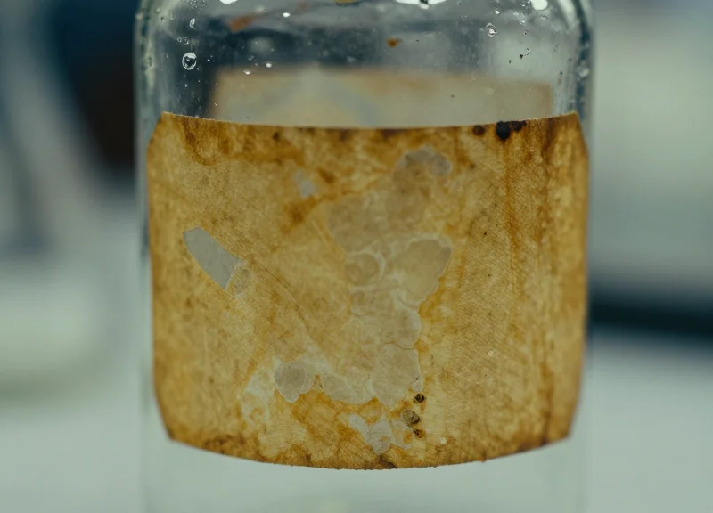 Close-up of a damaged, peeling paper label on a chemical bottle exposed to acid.