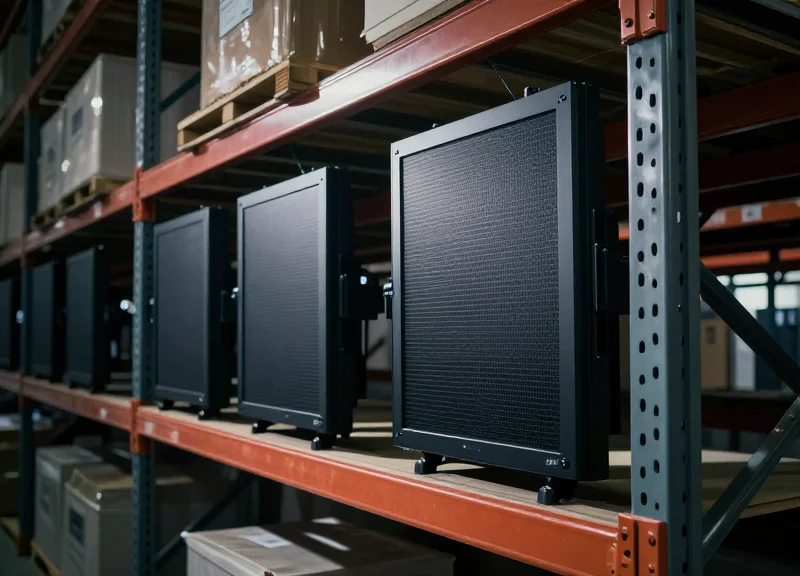 Industrial electronic shelf labels mounted on heavy-duty steel shelving in a chemical warehouse environment.