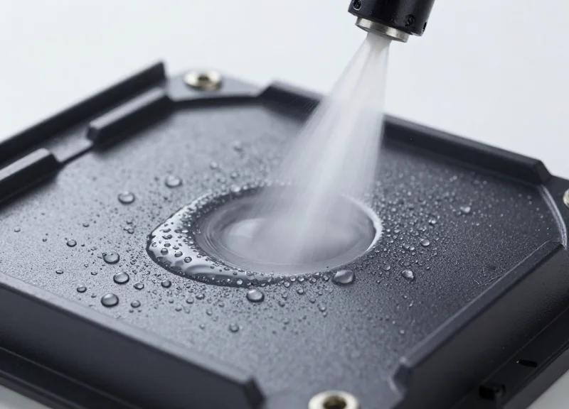 An industrial device being tested with high-pressure water jets to demonstrate hermetic sealing.