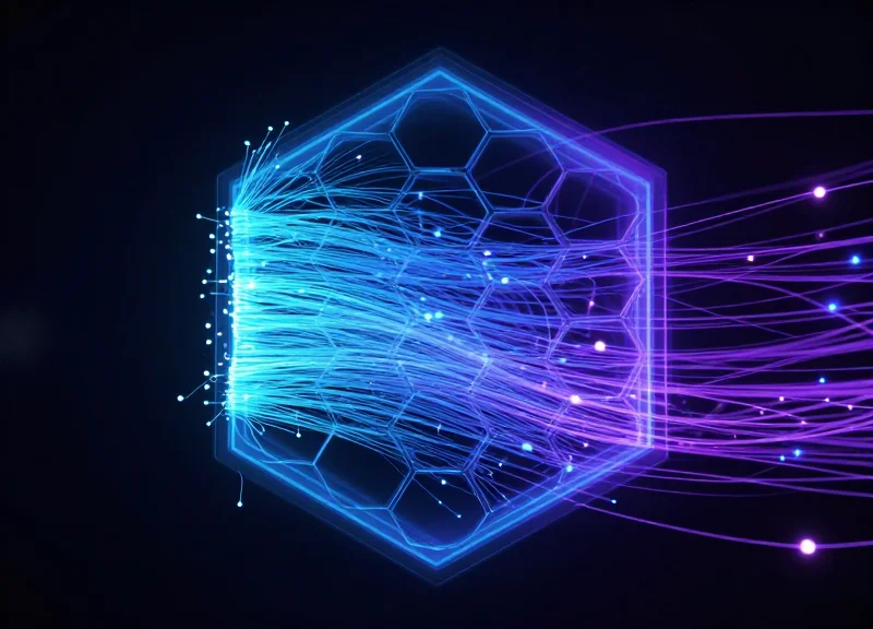 Abstract visualization of wireless signal waves passing through a protective digital barrier.
