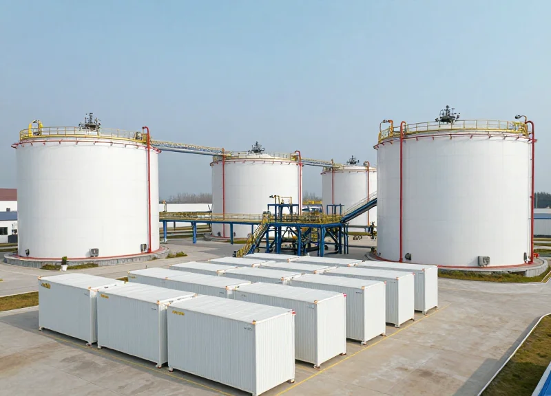 Wide shot of a modern and organized chemical storage warehouse with advanced safety equipment and clean industrial lighting.