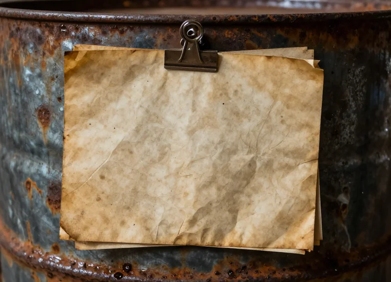 Close-up of a worn and illegible paper document attached to a chemical barrel in a harsh factory environment.