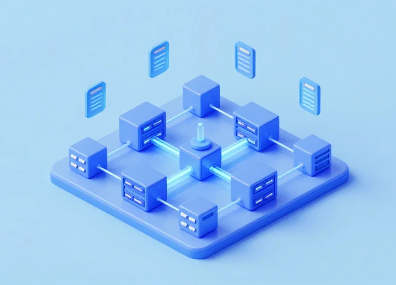 Isometric view of a factory floor connected to a central data hub through glowing light trails.