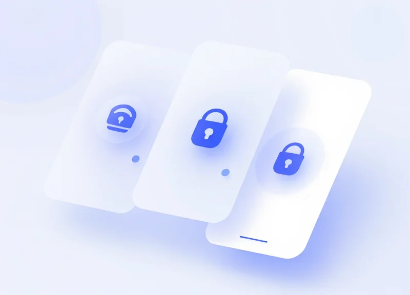 A clean, modern interface mockup with floating safety icons and status indicators.