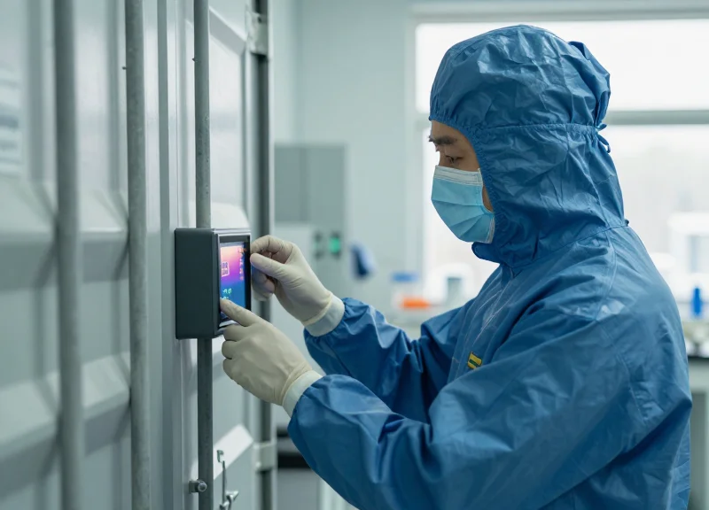 A technician wearing safety gear checking a digital display on a container in a high-tech facility.